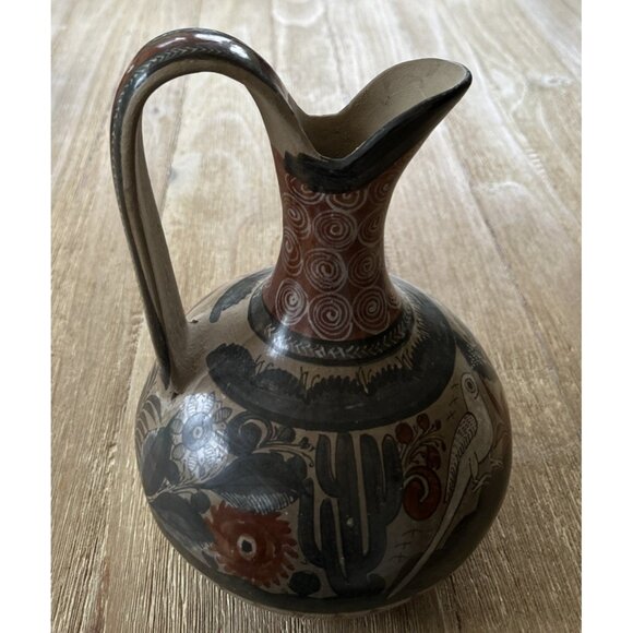 Tonala Mexico Pottery Vintage Pitcher 10" Signed Hand Painted Birds & Flowers